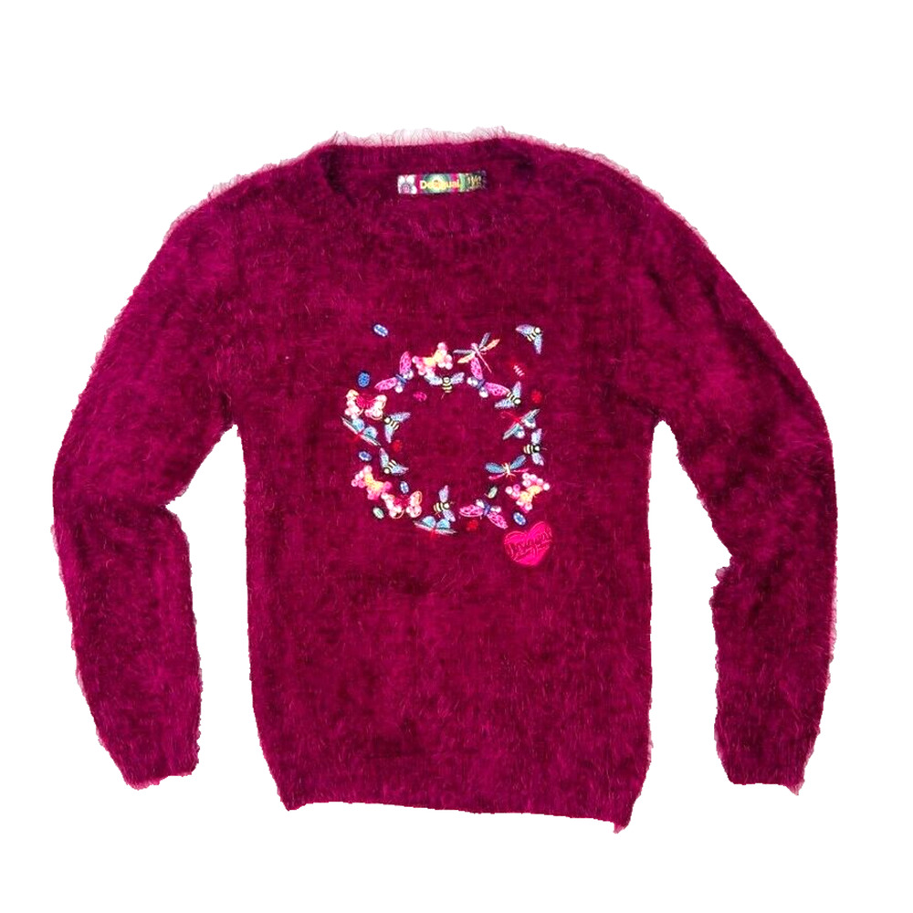 Desigual Juniors Butterfly Bee Dragon Fly Maroon Eyelash Knit Sweater Size 11/12